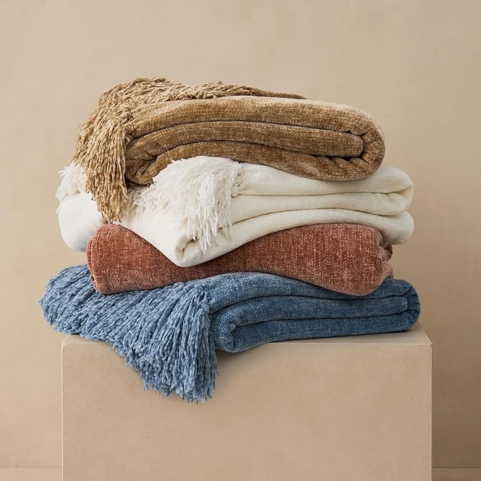 Chenille Knit Throw Blanket for Couch, 60"x80", Cloud Blue | Cozy Plush Fuzzy Knittd Throw with Tassels, Lightweight, Decorative, Farmhouse Decor, Ideal for Bed Sofa Gift, All Seasons
