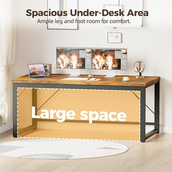 Mericonia 63 Inch Computer Desk, 1" Thick Large Office Table, Brown | Modern Simple Style, Heavy Duty Industrial Frame, Large Study & Writing Table for Home Bedroom Work