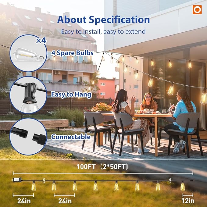 addlon 100FT(50FT*2) Outdoor String Lights ST38 LED with Remote Waterproof | 54 Dimmable Shatterproof Replaceable Bulbs, Connectable Hanging Strand for Porch Backyard Patio Garden Deck Outside, Timer