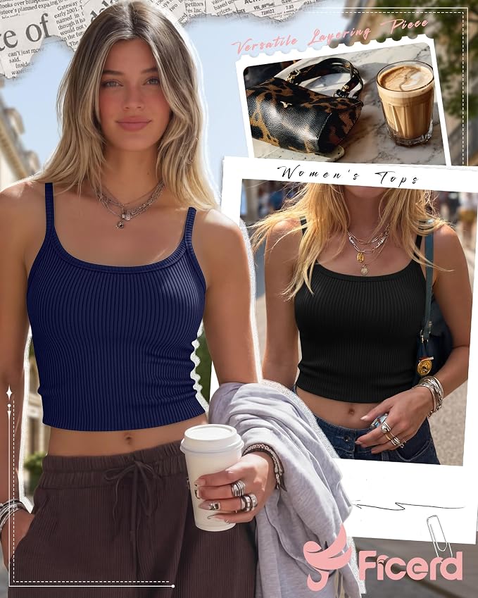 Ficerd 3 Pack Women's Tank Tops 95% Cotton Spaghetti Strap Ribbed Crop Camisole Slim Fitted Basic Summer Sleeveless Layer