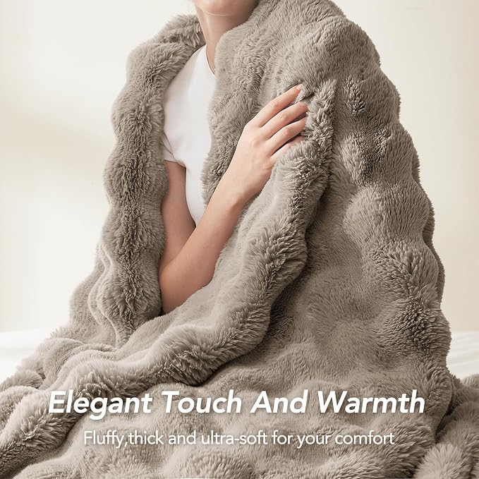 L'AGRATY Faux Rabbit Fur Throw Blanket for Couch, 90'' x 90'', Castle Grey | Soft Cozy Bubble Fluffy Blanket for Sofa Bed, Thick Warm Plush Fuzzy Throw for Room Home Decor, Luxury Gift for Women Mom
