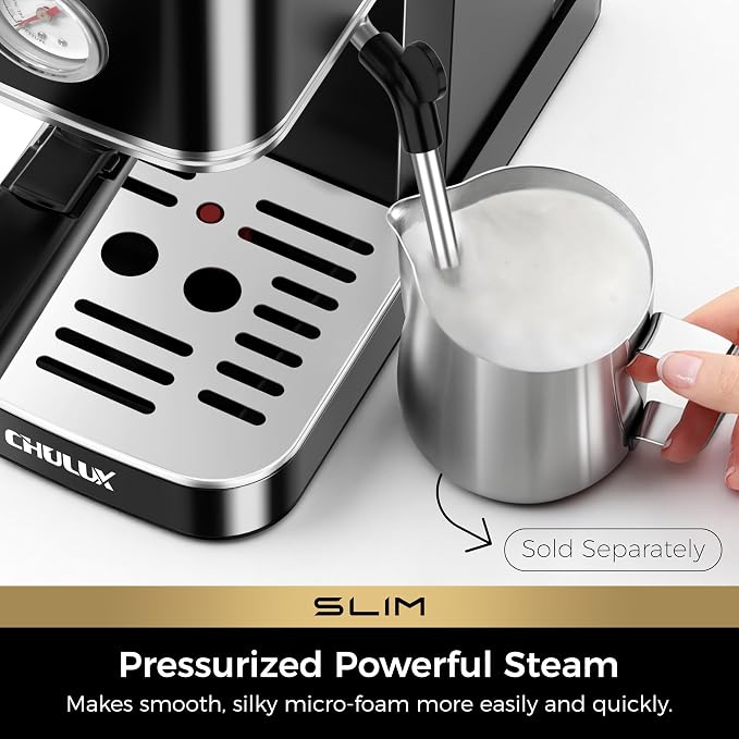CHULUX Slim Espresso Machine with Milk Frother for Home Cappuccino, Black | Precise Pressure Gauge, Food-Grade Materials, 20 Bar Italian Pump, Professional Temperature Control System, Stainless Steel