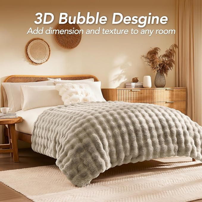 L'AGRATY Faux Rabbit Fur Throw Blanket for Couch, 60'' x 80'', Castle Grey | Soft Cozy Bubble Fluffy Blanket for Sofa Bed, Thick Warm Plush Fuzzy Throw for Room Home Decor, Luxury Gift for Women Mom