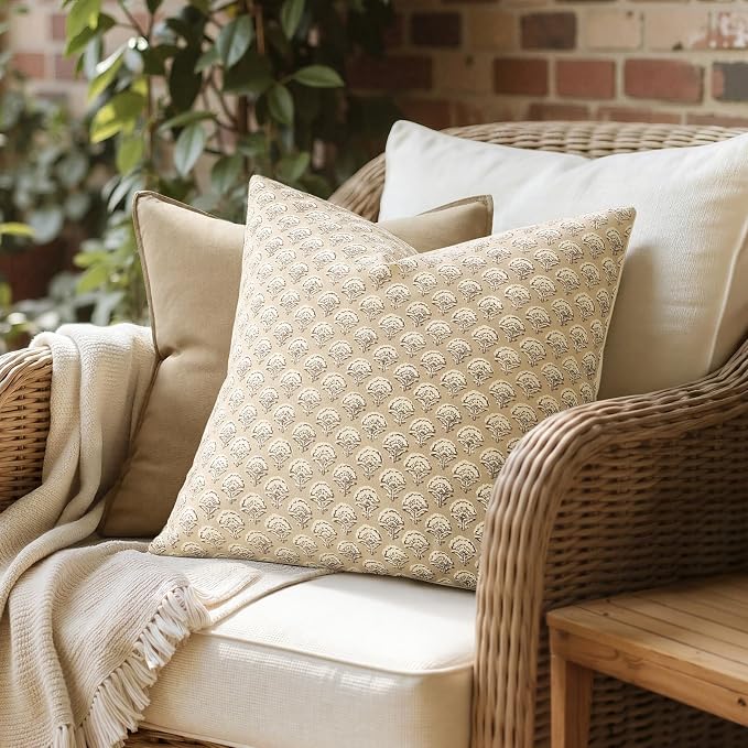 MIULEE Floral Print Decorative Euro Pillow Covers 22x22, Cream Oatmea | Vintage Boho Farmhouse Modern Home Decor, Set of 2, Block Print Cushion Covers for Couch Sofa Bed Living Room