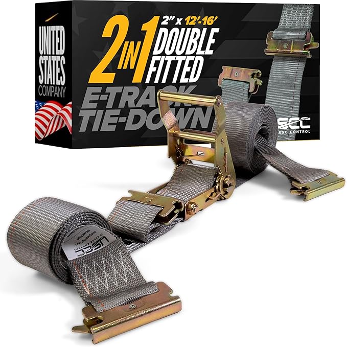 US Cargo Control Double-Fitted E Track Strap 2" x 16', 4,400 LBS Break Strength, Gray Heavy Duty E Track Ratchet Straps with 3 Spring E-Fittings, Versatile 2-in-1 Logistic Tiedowns