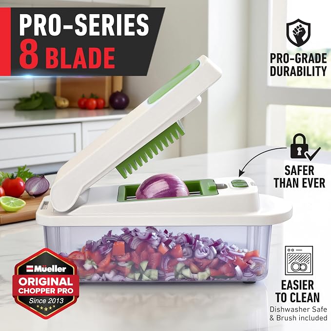 MUELLER HOME Pro-Series 10-in-1 Vegetable Chopper, 8 Blade Onion Mincer | Cutter, Dicer, Fruit Slicer with Container, French Fry Cutter Potato Slicer, Home Essentials, Salad Chopper White Sand/Green