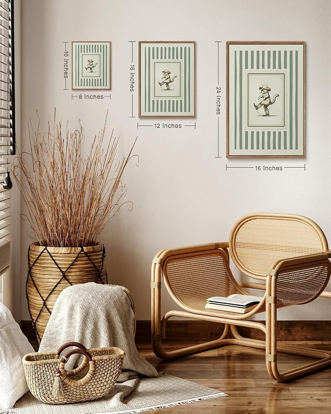 ZZLWBKGL Western Wall Decor Cowboy Cat Canvas Art Nursery Framed Wall Art | Vintage Artwork Boho Striped Paintings Funny Animal Picture for Living Room Kids Room Bedroom 12x16in