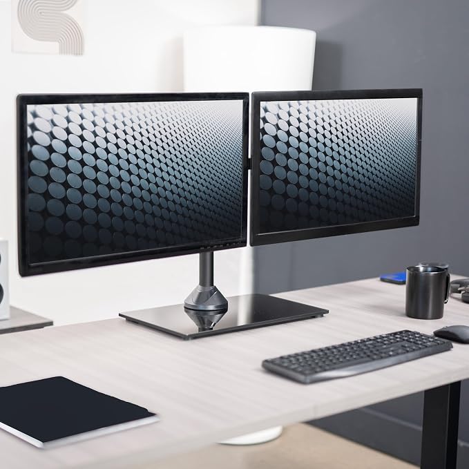 VIVO Freestanding Dual Monitor Stand with Sleek Glass Base and Adjustable Arms, Mounts 2 Screens up to 32 inch and 22 lbs Each, Black, STAND-V002FG | Articulating, Freestanding Adjustable Monitor Arm, Black with Glass Base, Computer Stand for 2 Monitor...