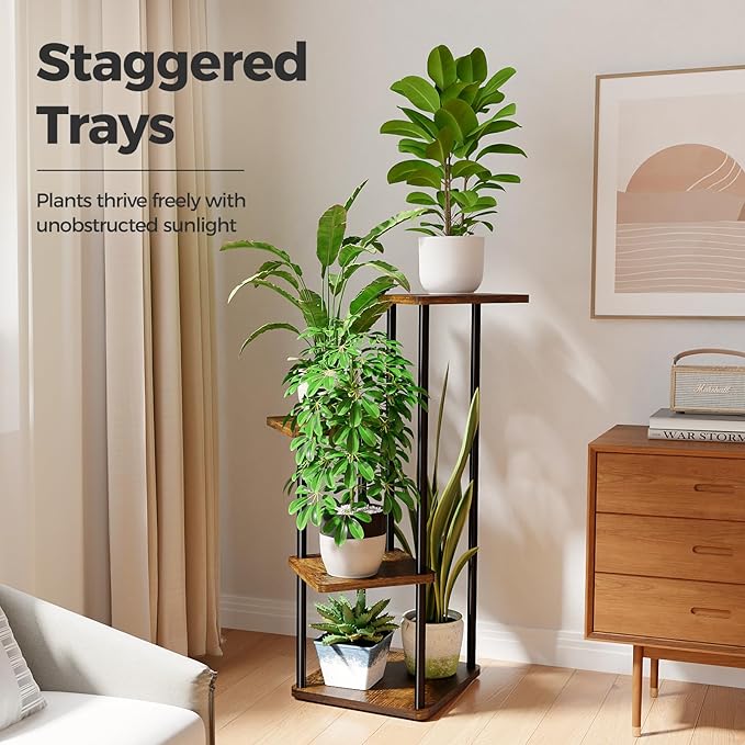 Bamworld 4 Tier Plant Stand Small Plant Shelf for Indoor Plants Corner Flower Stand Wooden Plant Holder for Balcony Living Room Bedroom Brown