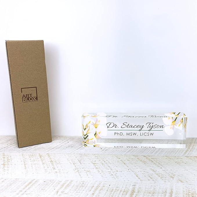 Artblox Office Desk Name Plate Personalized | Custom Name Plates for Desks | Calla Flowers Design On Clear Acrylic Glass | Office Desk Decor - (8" x 2.5")
