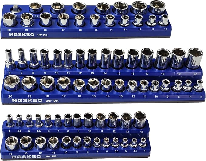 Magnetic Socket Organizer Set, 3 Pcs Blue Metric Socket Tray Set for 1/4", 3/8", and 1/2" Sizes Drive, Socket Holder Holds 75 Sockets for Tool Box