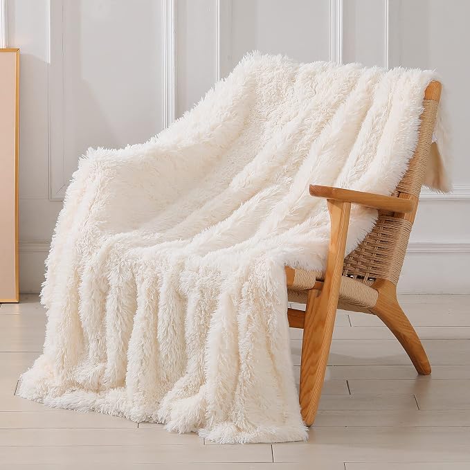 Decorative Extra Soft Fuzzy Faux Fur Throw Blanket 50" x 60",Solid Reversible Long Hair Shaggy Blanket,Fluffy Cozy Plush Comfy Microfiber Fleece Blankets for Couch Sofa Bedroom,Cream White