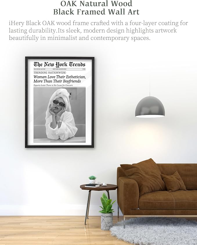 iHery 18x24in Women Love Their Esthetician Framed Bathroom Wall Art | Premium Black OAK Wood Frame with Canvas Print, Vintage Newspaper Decor for Bedroom, Dorm, Vanity Room Living Room, 1Pack