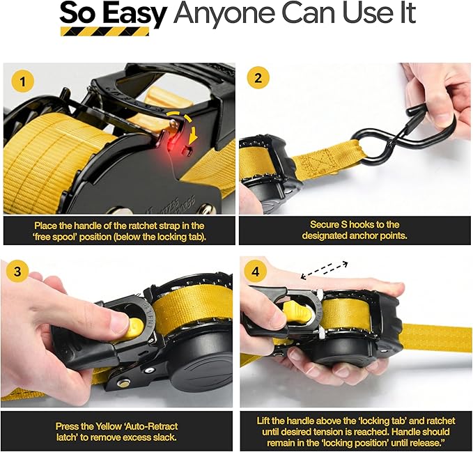 AUGO Retractable Ratchet Straps | 4 Heavy Duty Ratchet Straps Self Retractable Tie Down Straps with Soft Loops & Storage Bag for Motorcycle, Truck, Trailer, Cargo Van | 1200 Lb Break Strength 1” x 10’