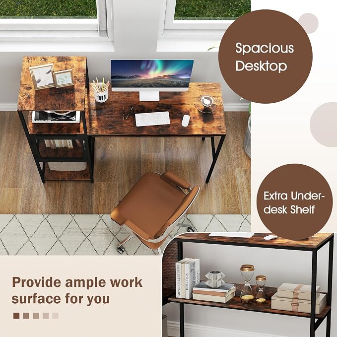 Giantex Computer Desk with Bookshelf, Modern Computer Workstation Home Office Desk with Storage Cabinet & Shelves, Metal Frame, Study Writing Desk for Small Space, Bedroom, Rustic Brown