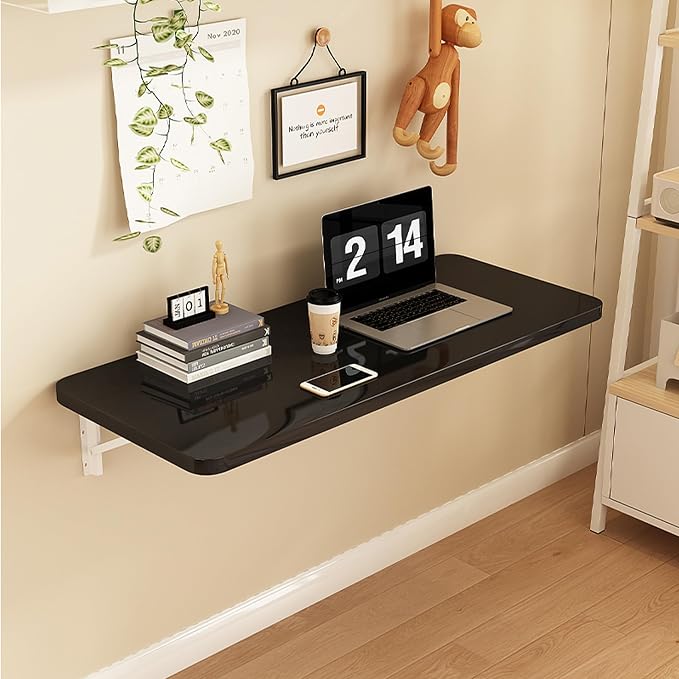 Wall Mounted Folding Table,floating desk for wall,folding wall desks for small spaces,hanging desk for Home Office Computer Workstation,Study Work Bench, Kitchen Dining (black, 27.6"×15.7"(70×40cm))