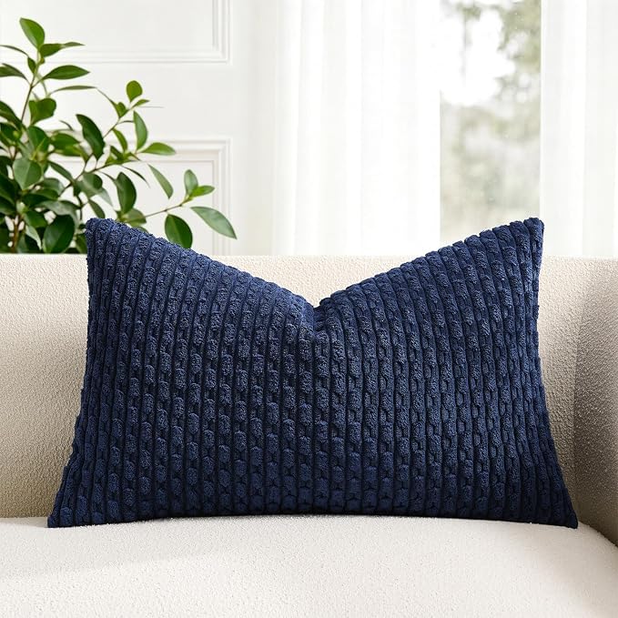 Kevin Textile Soft Corduroy 12"x20" Lumbar Pillow Cover 1 Pack, Navy Blue | Boho Stripe Plush Corduroy Decorative Oblong Cushion Cover Modern Farmhouse Home Decor for Sofa Couch Bed Chair