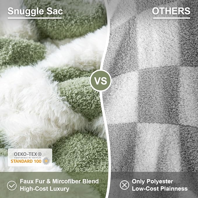 Snuggle Sac Sage Green Checkered Throw Blanket Faux Fur Knitted with Microfiber Yarn, Cozy Soft Warm Spring Blankets for Couch,Sofa,Bedroom,Sage Green Checker,50x60 inches