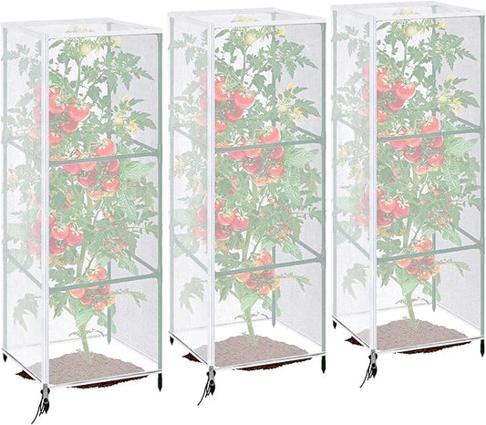 3 Pcs Garden Bird Netting Plant Cover for Square Tomato Cage, 59" x 17.7" Insect Bird Barrier Tomato Cage Net with Zipper & Drawstring, Tomato Trellis Netting Protection Cover for Protecting Plants