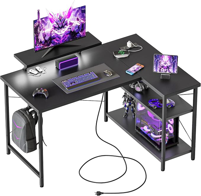 Mericonia 40 in Corner Desk with Monitor Stand, Small L Shaped Gaming Desk | Reversible Computer Desk with Power Outlets, LED Light & Storage Shelves, Office Table for Home Bedroom Study Work Writing