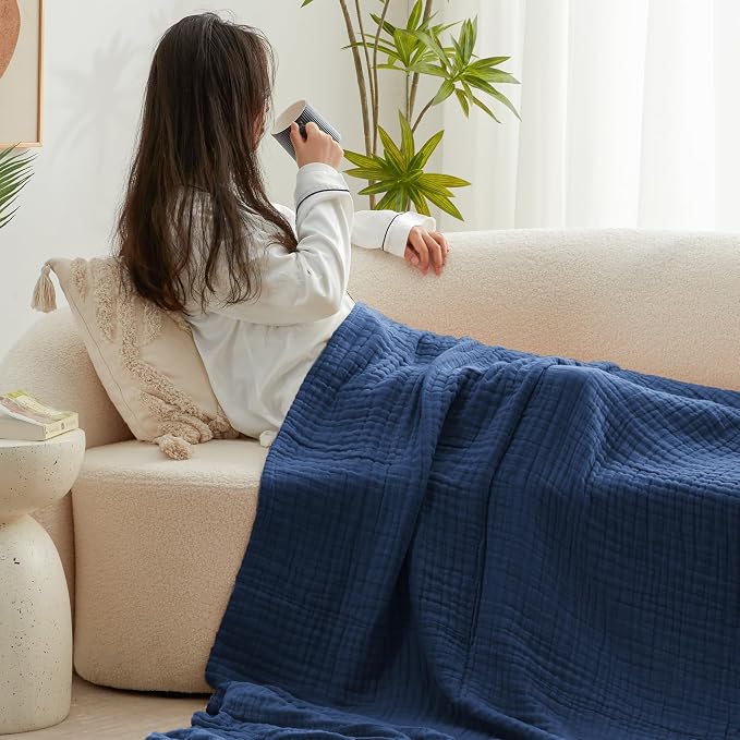 Love's cabin 100% Cotton Muslin Blanket, 6 Layer Lightweight Breathable Gauze Twin Size Blanket 60 x 80 Inches, Soft Summer Blanket for Bed or Couch, Dark Blue