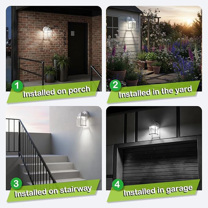 LIT-PaTH Small Outdoor LED Wall Lantern with Dusk to Dawn Photocell, 5000K Daylight White, 9.5W, 800 Lumen, Aluminum Housing Plus Glass, Outdoor Rated, 1-Pack, White