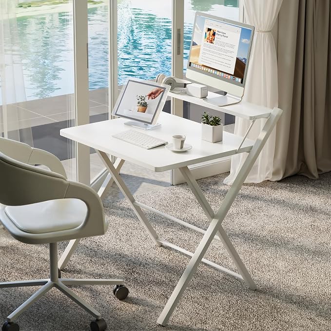 GreenForest Folding Desk No Assembly, Sturdy Computer Desk for Small Spaces | Portable Foldable Table for Laptop, 2-Tier Compact with Shelf, Space Saving for Home Office, Dorm, Apartment, 27"x 22" White