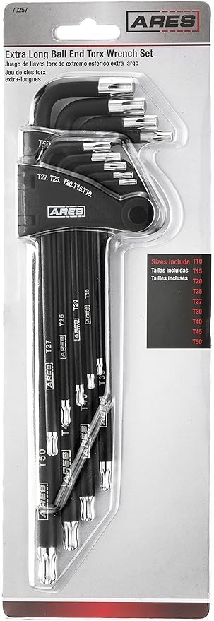 ARES 70257 - Extra Long Ball End Torx L-Key Set - 9-Piece Set Includes Sizes T10-T50 - Anti-Slip Textured Black Coating & Premium S2 Steel Construction - Storage Case Included
