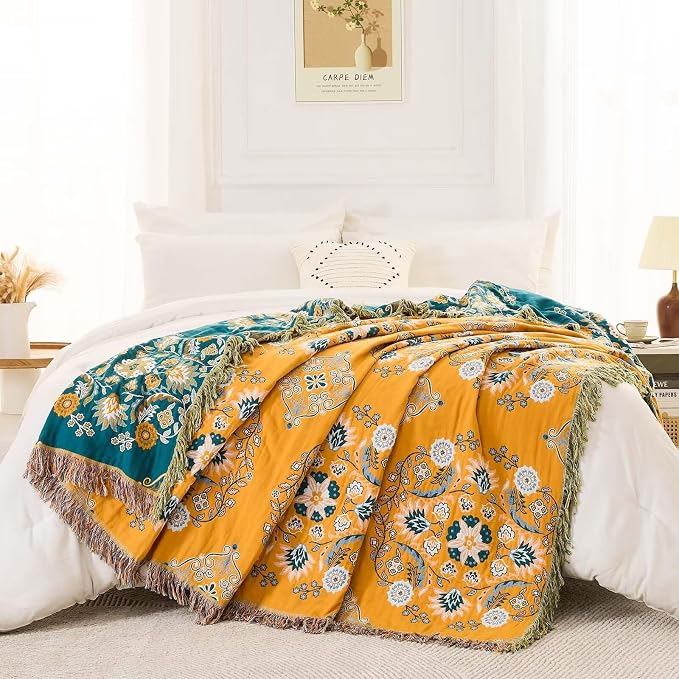 XIBLC Boho Throw Blanket, 100% Cotton Ultra Soft Luxury Throw Rustic Quilt, Floral Printed Farmhouse Decor Bed Summer Blankets, All Season Rustic Reversible Bohemian Throw for Bed (80"x90" Yellow