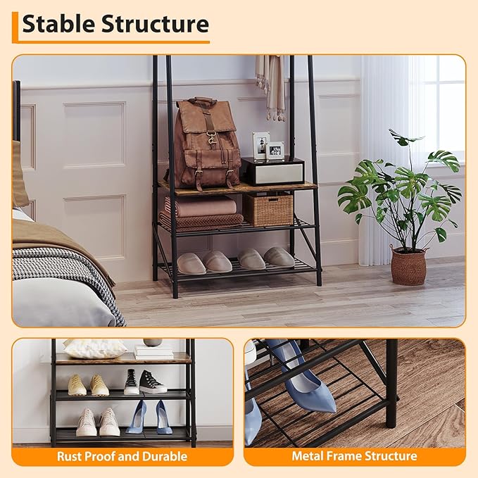 4-In-1 Hall Tree Entryway Organizer with 5 Hooks and Shoe Storage Bench, Sturdy Metal Frame, Wood Look Accent for Coat, Hat, and Bag Organization in Entryway, Living Room, or Bedroom