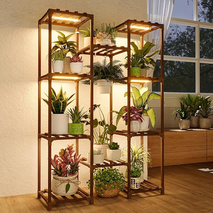 Bamworld Plant Stand with Grow Light Plant Shelf for Mutiple Pots Large Plant Holder for Living Room Patio Boho Home Decor for Gardening Warm Light