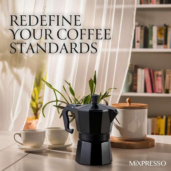 Mixpresso 3 Cup Moka Pot Stovetop Espresso Maker, Italian Cuban Coffee Pot | 5oz aluminum Italian coffee maker for gas and electric stovetops, small design for traditional espresso-style coffee at home