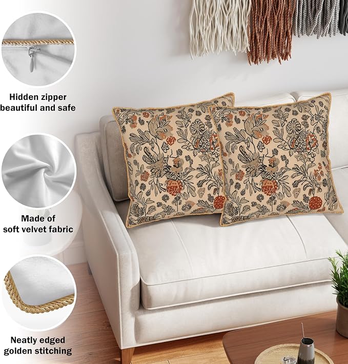 KSLIDS Art Boho Floral Soft Velvet Throw Pillow Covers Set of 2 Beige Rust Botanical Flowers Decorative Pillow Covers 18x18 Inch Farmhouse Vintage Pillow Case for Sofa Couch Living Room Home Decor