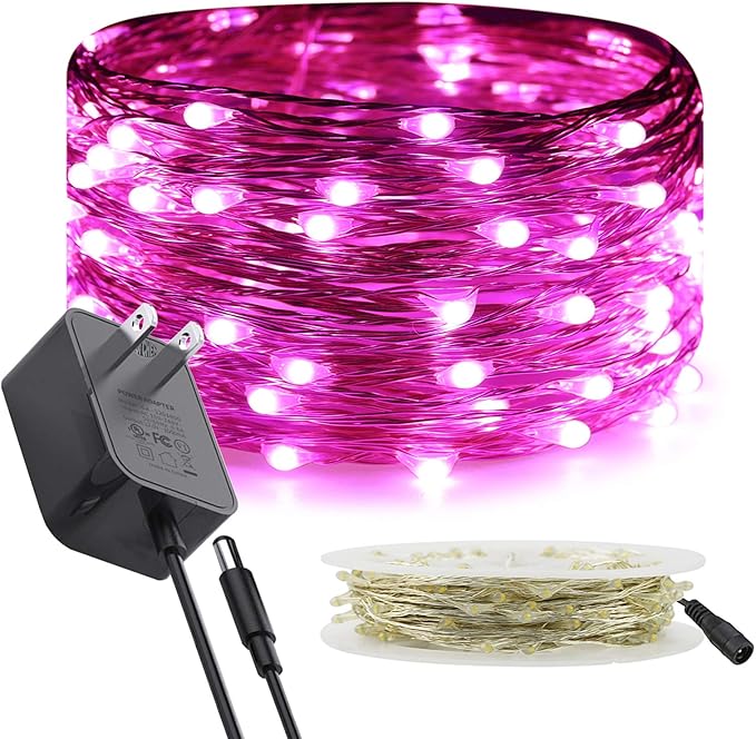 RUICHEN Silver Wire Fairy Lights Plug in 33 Ft 100 LED String with Spool, Pink