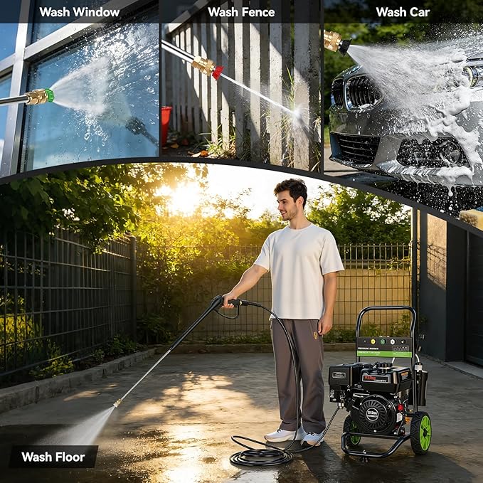 4200PSI Professional Gas Pressure Washer, 4GPM 212CC 7.0 HP 8" Wheels Commercial Gas Power Washer with 1L Foam Bottle 5 Nozzles 25FT Hose for Home Car Fence Driveway (EPA/CARB/ETL Compliant), Black
