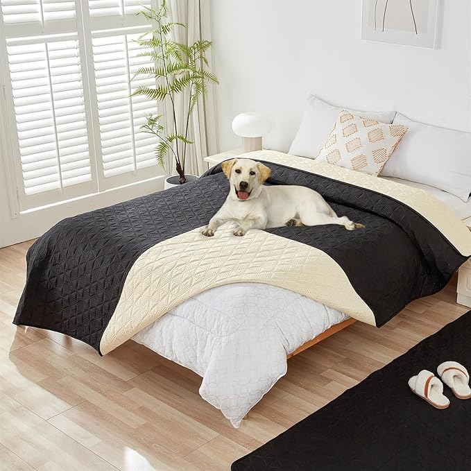 GIBZ Water Resistant Dog Bed Blanket Cover Large Anti Slip Pet Furniture Protector Washable Cat Quilted Mat for Couch, Black, 170x210cm