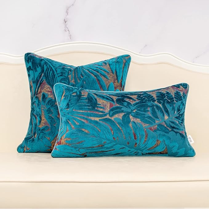 Alerfa 12 x 20 Inch Light Blue Rectangle Maple Leaf Pillow Embroidery Cut Velvet Cushion Case Luxury Modern Lumbar Throw Pillow Cover Decorative Pillow for Couch Sofa Living Room Bedroom Car
