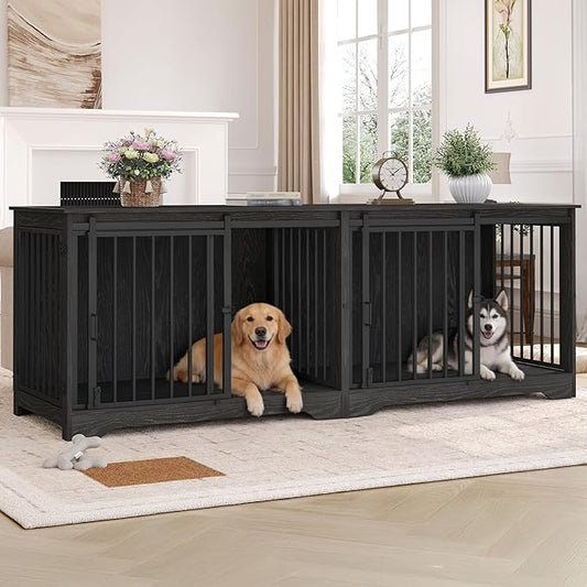 78" Dog Crate Furniture for 2 Dogs, Double Dog Cage with Divider, Wooden Heavy Duty Dogs Kennel, Pet Cage with Barn Door, TV Stand for Large Small Medium Pet, Black DFC83704B