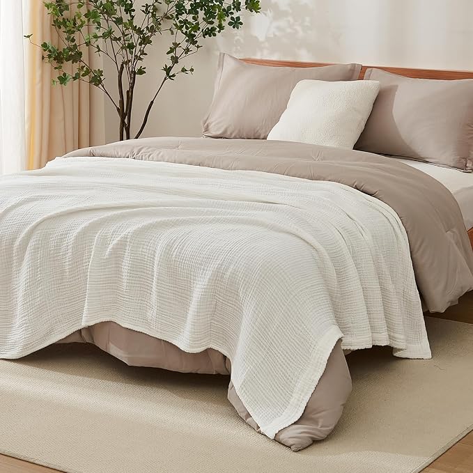EMME Cotton Muslin Large Throw Blanket Couch Breathable Gauze Soft Lightweight Bed Blankets Adults (White,50"x70")