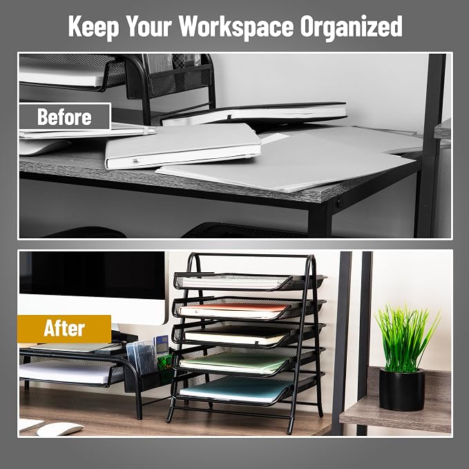 Mind Reader 5-Tier Paper Tray Organizer, Vertical Desktop File Storage Rack, Office, Metal Mesh, Black