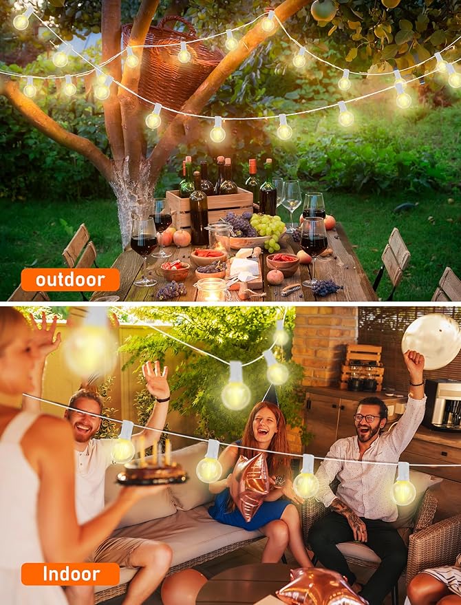 25Ft LED String Lights Outdoor, G40 Globe Patio Lights with 27 Shatterproof LED Bulbs, Waterproof Dimmable Hanging Light for Patio Wedding Bistro Party Yard Decor, E12 Socket Base, White Wire