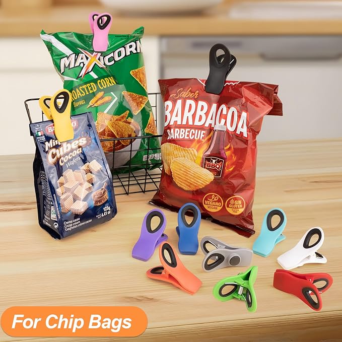 JETMORE 30 Pack Chip Clips Magnetic, Multicolor Food Clips for Bags, Office | Bulk color assortment supports home, office and events, bag clips close snacks, while magnetic chip clips keep notes visible