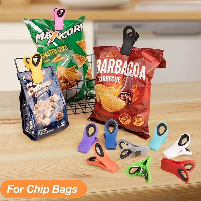 12 Pack Chip Clips, Plastic Magnetic Bag Clips for Food, Clip | Built-in magnets keep notes visible on the fridge, bag clips seal snacks and bread, while food clips suit freezer packages