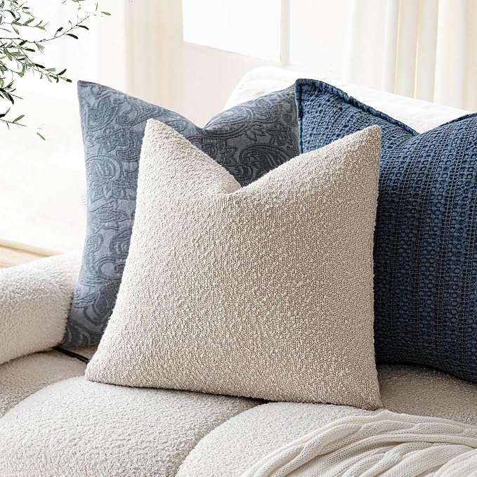 Foindtower Set of 2, Decorative Textured Boucle Throw Pillow Covers Accent Solid Pillow Cases Neutral Cozy Couch Cushion Case for Chair Sofa Bedroom Living Room Home Decor 26 x 26 Inch Ivory Beige