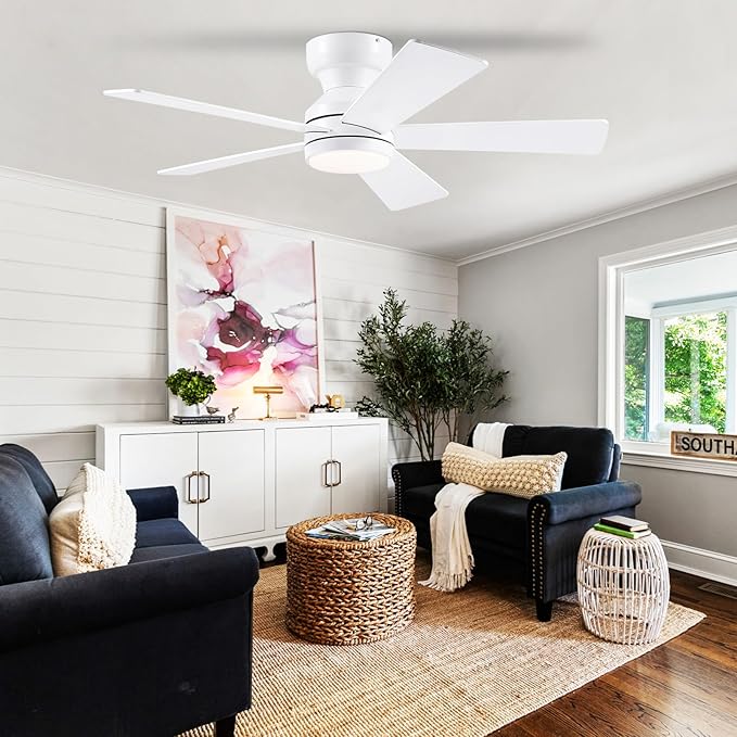 46" Flush Mount Ceiling Fan with Lights - White Modern Fan Light with Reversible Mute Motor, 3CCT Dimmable, Wind Speeds Adjustable, Low Profile Light Fixure for Indoor Use, Bedroom