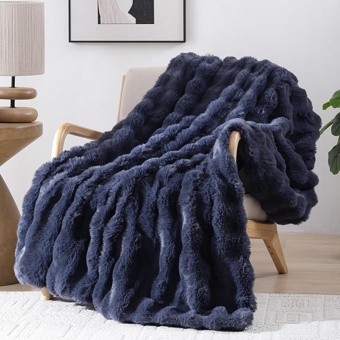 Faux Rabbit Fur Throw for Couch - Navy Blue Bubble Blanket 50"x60" | Fluffy Plush Fuzzy Throw for Sofa & Bed, Super Soft Cozy Comfrt Blanket, Luxury Aesthetic Navy Blue Decor Gift for Women