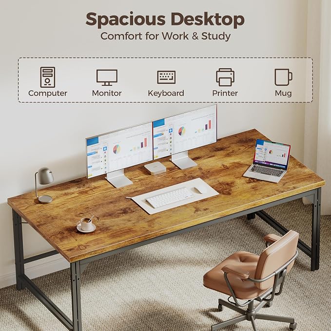 Mericonia 54 Inch Computer Desk, 1" Thick Large Office Table, Brown | Modern Simple Style, Heavy Duty Industrial Frame, Study & Writing Table for Home Bedroom Work