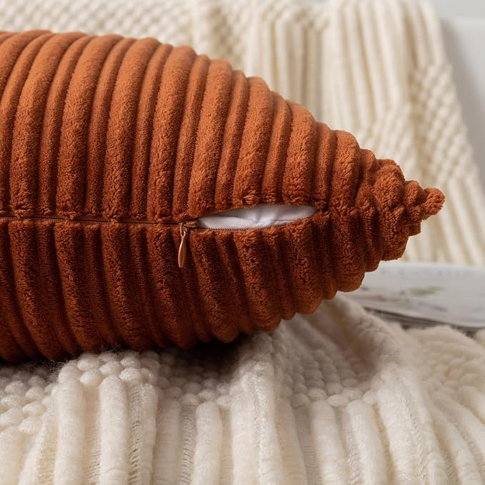 UGASA Fall Velvet 24x24 Inch Soft Throw Pillow Covers Decorative Corduroy Striped Both Sides Solid Square Cushion Cases Boho Farmhouse for Couch Bedroom Sofa Home, Pack of 2, Burnt Orange