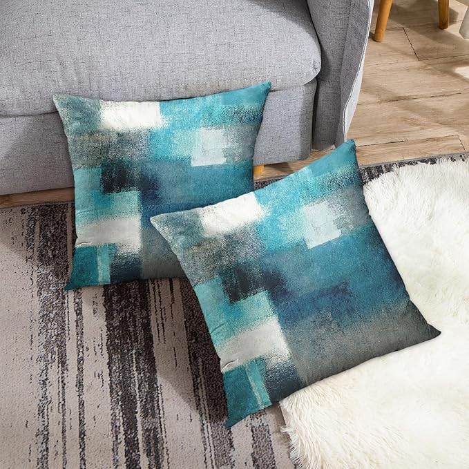 Emvency Throw Pillow Covers Set of 2, 20 x 20 Inch, Turquoise White Gray | Abstract Modern Painting Outdoor Decorative Square Pillow Cases Couch Cushion Case for Couch Bed Sofa Living Room Home Decor