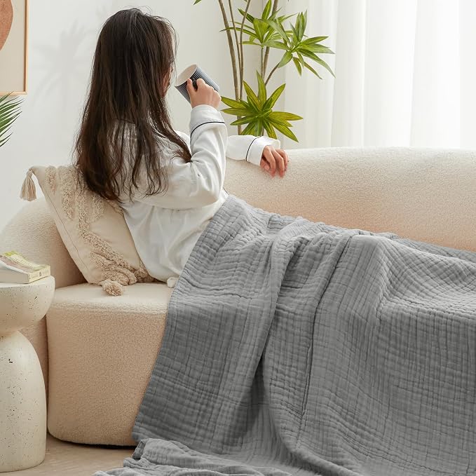 Love's cabin 100% Cotton Muslin Blanket, 6 Layer Lightweight Breathable Gauze Twin Size Blanket 60 x 80 Inches, Soft Summer Blanket for Bed or Couch, Medium Grey